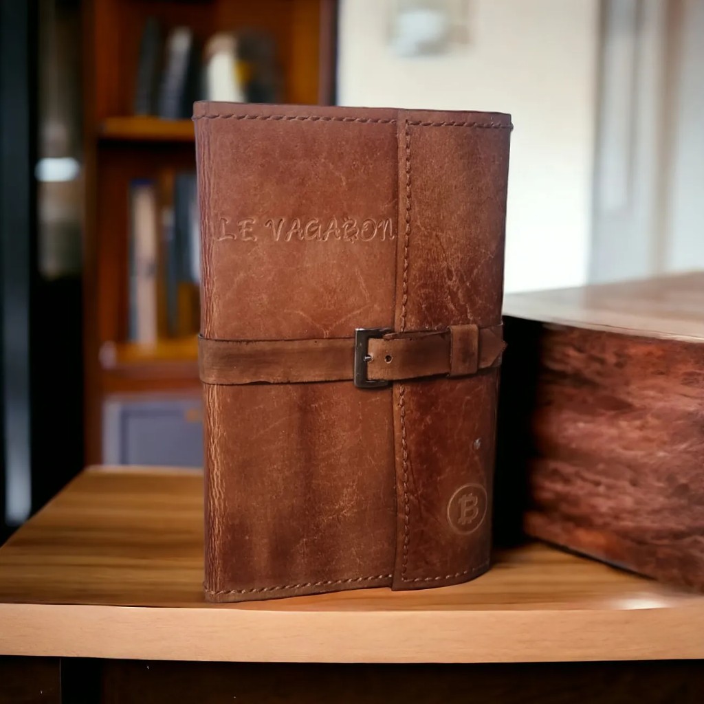 Le Vagabon leather journal with Bitcoin mark